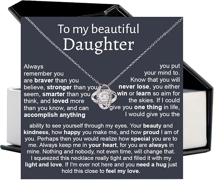 To My Beautiful Daughter Necklace, Daughter Necklace From Mom With Luxury Box, Daughter Gift From Mom, Daughter Birthday Gifts From Mom, Love Knot Necklace For Daughter, Mother Daughter Necklace