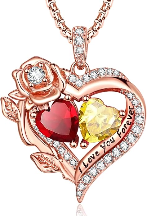 Rose Heart Necklaces for Women, Rose Gold Forever Love Jewelry with 2 Birthstones Pendant, Christmas Anniversarry Birthday Gifts for Her Wife Mom Grandma, 18+2 Inch Chain