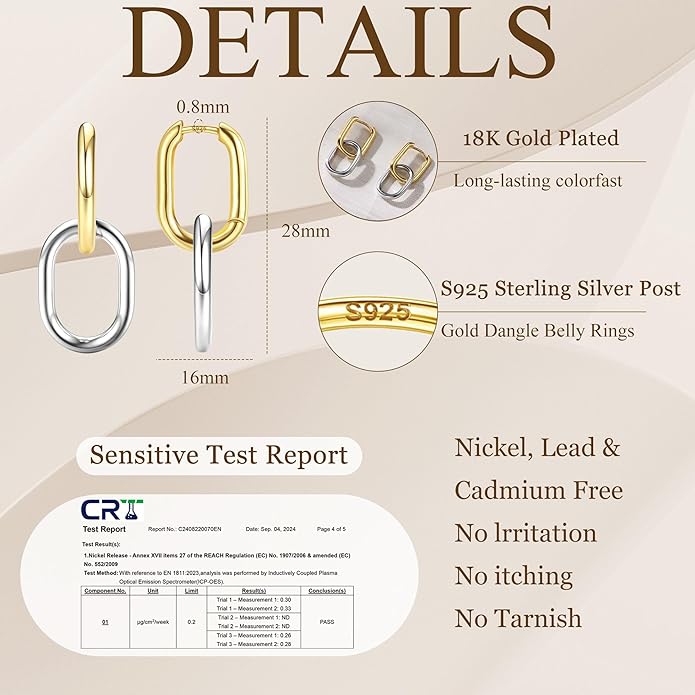 18K Gold Plated Two Tone Gold Silver Hoop Earrings for Women Hypoallergenic - 925 Sterling Silver Drop Dangle Paperclip Huggie Hoop Earrings - Chain Link Dangle Earrings Jewelry