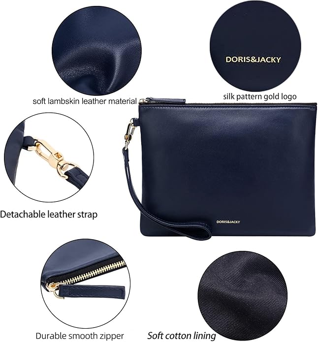 DORIS&JACKY Lambskin Leather Wristlet Clutch Purse for Women Soft Designer Slim Cell Phone Pouch Bag with Detachable Strap