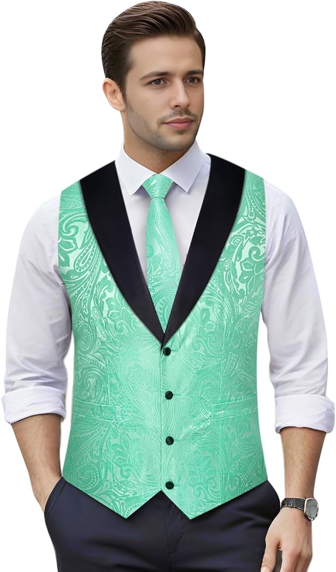 DiBanGu Mens Paisley Suit Vest Silk Jacquard Waistcoat and Necktie Set Formal Shawl Collar Dress Vest 7PCS for Wedding Party