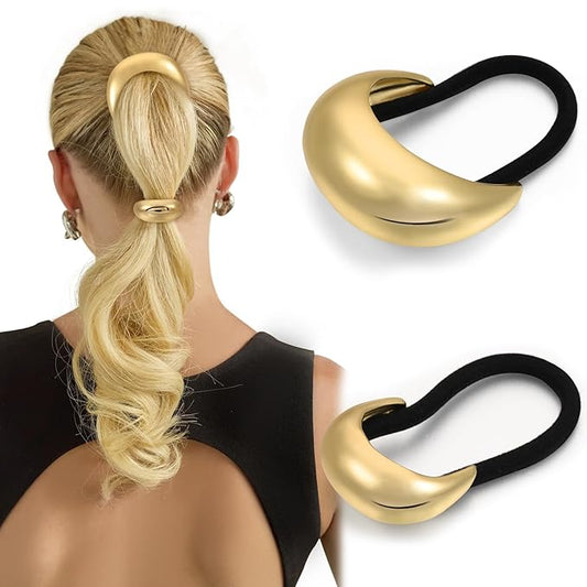 2PCS Gold Hair Ties for Women - Metal Hair Accessories for Thick Hair, Elegant and Durable Geometric Design, Ponytail Cuffs Stretchy Non-Damage Holiday Gifts