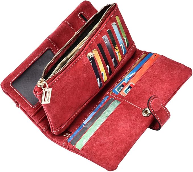 Women's Genuine Leather Bifold Clutch Wallet Large Capacity Card Organizer with Buckle Closure in Candy Colors (Red)