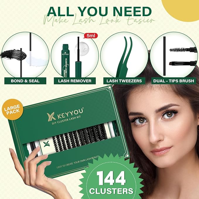 DIY Lash Extension Kit 144pcs 8-18MIX Lash Clusters with Super Hold Mascara Brush Bond and Seal Lash Remover Lash Applicators Lash Brush for KEYYOU DIY Lash Kit (Y10 Kit)