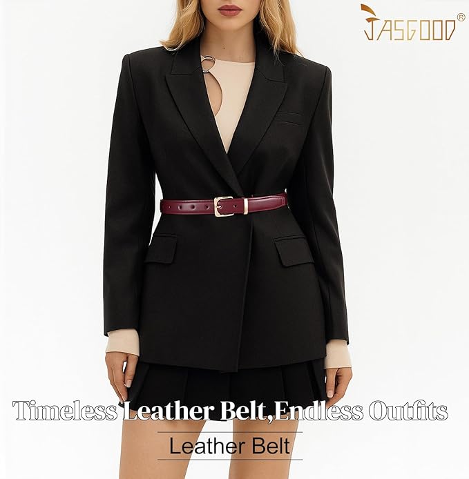 JASGOOD Women Leather Belt Fashion Ladies Skinny Leather Waist Belt for Pants Jeans Dress with Gold Buckle
