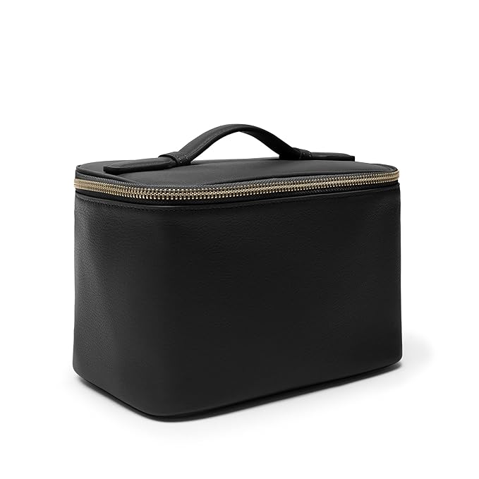 Leatherology Black Onyx Small Train Case – Full-Grain Leather Travel Cosmetic Bag with Water-Resistant Lining, Zippered & Open Pockets, Compact Beauty Organizer