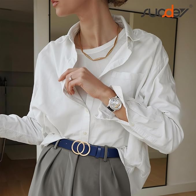 SUOSDEY Women Leather Belt Fashion Double O-Ring Soft Faux Leather Waist Belts For Jeans Dress