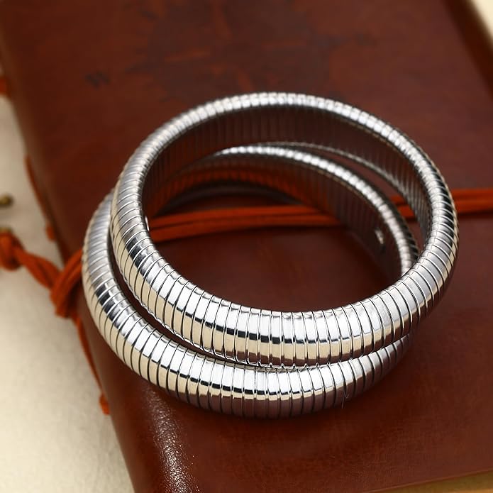 MISS RIGHT Gold Chunky Stretch Snake Chain Bangle Bracelets Stack for Women Trendy, 18K Gold Filled Stainless Steel Stretchy Womens Stackable Wristband Bangles Bracelet Set