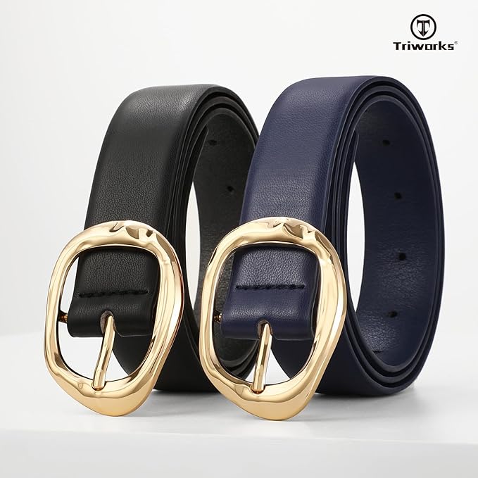 TRIWORKS 2 Pack Leather Belts for Women Fashion Waist Belt with Liquid Shapes Women Belt for Jeans Pants Dresses