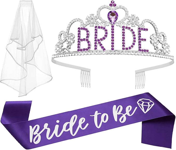 JETKONG 3 Pcs Bachelorette Party Decorations "BRIDE" Crown, Bride to Be Sash&Veil for Women Bachelorette Party Gifts, Bridal Shower Supplies, Gifts, Favors (Purple)
