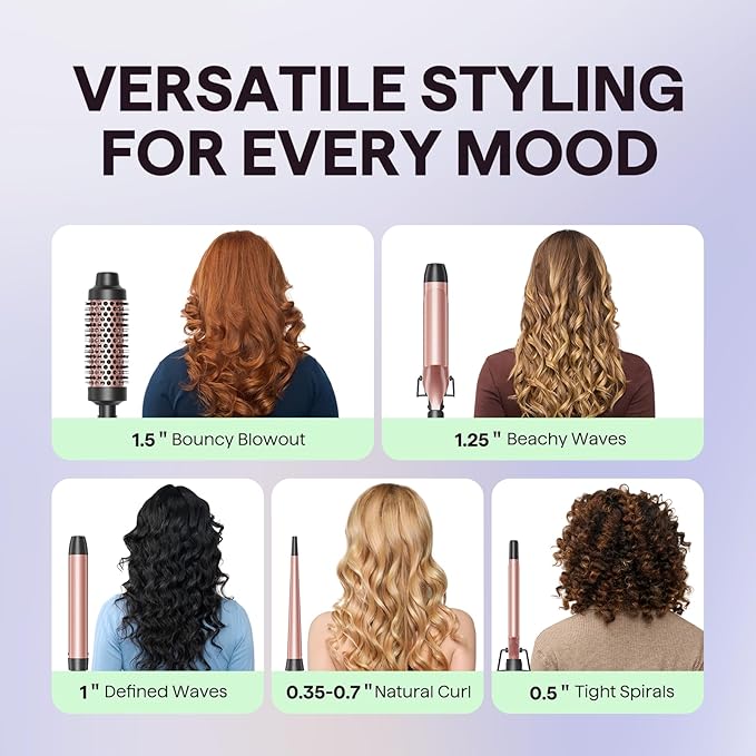 Wavytalk 5 in 1 Curling Iron Set with Curling Brush and 4 Interchangeable Ceramic Curling Wand (0.35"-1.25”), Wand Curling Iron Instant Heat Up, Dual Voltage Hair Curler
