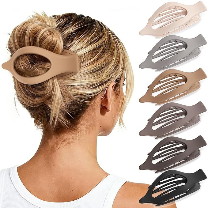 Oeusnae 6 PCS Large Flat Hair Clips for Women Girls, French Concord Lay Down Claw Clips for Thick Thin Hair, Comfortable Curved Flat Clips, Matte Non-slip Strong Hold Hair Accessories, Neutral Colors