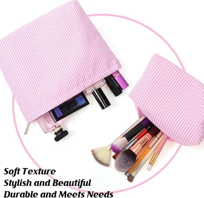 2 Pieces Makeup Bag Set Cute Cosmetic Pouch for Women Seersucker Travel Toiletry Bag Preppy Small Makeup Purse Pouch Aesthetic Skincare Brushes Storage Organizer for Christmas Women(Pink)