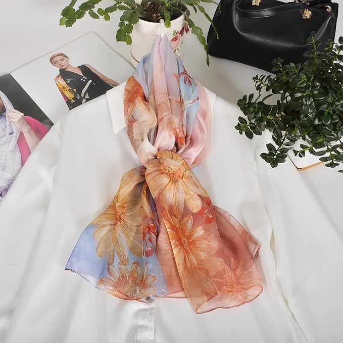 100% Mulberry Silk Women's Neck Silk Scarf-Lightweight Shawl,FLoral Print Beach Silk Wrap-Scarves for Photography