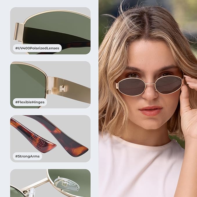livho Retro Polarized Sunglasses - UV400 Protection, Oval Shape, Metal Frames - Matching Soft Case Inlcuded
