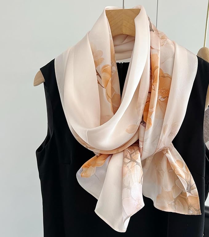 100% Mulberry Silk Scarfs for Women Floral Print Satin Long Scarf for Headscarf Hair Wraps Shawl with Gift Packed