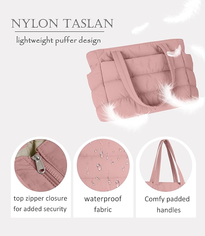 Puffer Tote Bag for Women, Cute Quilted Carryall with Zippered Compartments Shoulder Bag Handbag for Work, Travel, Gym