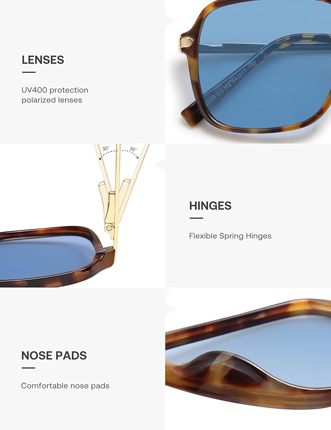 SOJOS Sunglasses for Women & Men, Square, Retro, Polarized Lens, Trendy Aviator, 90s Shades