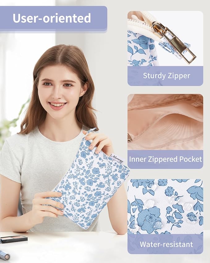 Narwey Small Makeup Bag for Purse Travel Makeup Pouch Cosmetic Bag Zipper Pouch Bags for Women (Little Blue Flower)