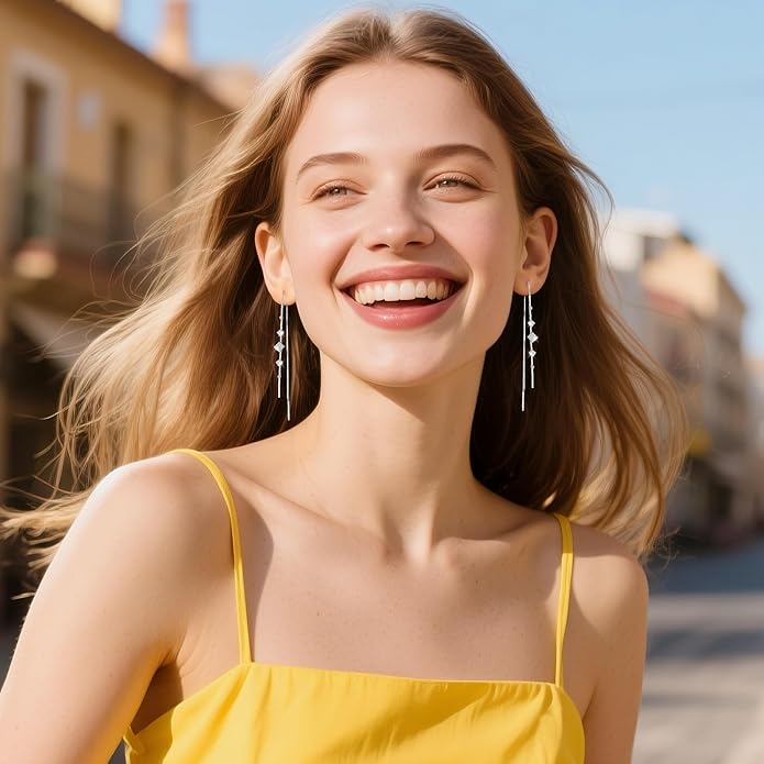 925 Sterling Silver Threader Dangle Earrings for Women - Long Earrings Dangle Chain Drop Earrings Dangling, Dainty Elegant Dangly Ear Chain with Tassel and Cubic Zirconia for Prom Wedding Trendy Jewelry Accessories