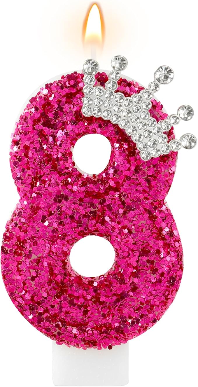 Hot Pink Birthday Candles Crown Number 8 Candle Birthday Party Decorations Cake Topper Cupcake Decor for Anniversary Celebrations Supplies