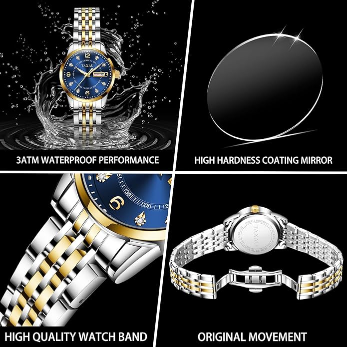 Gold Silver Two Tone Women Stainless Steel Watch Small Wrist ElegantDress Watch for Women Fashion Luxury Waterproof Day Date Analog Quartz Ladies Watches