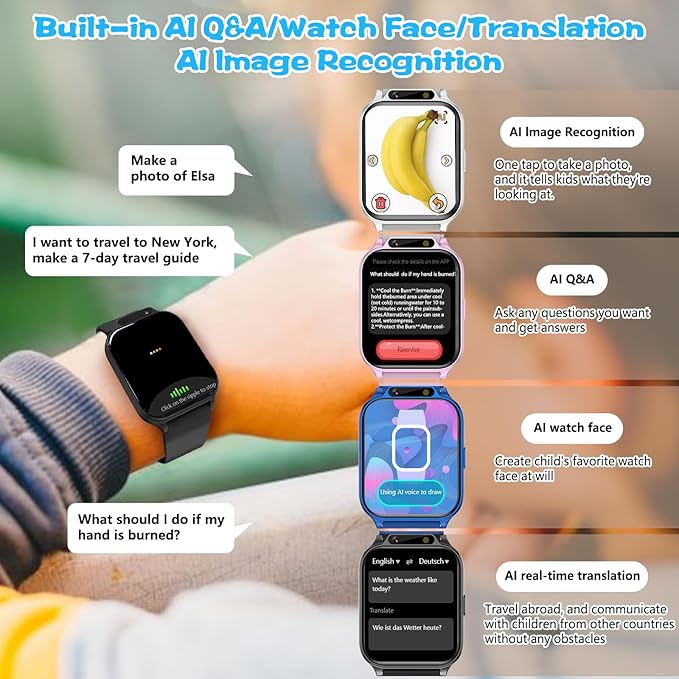 Smart Watch for Kids,1.85" Fitness Tracker with Heart Rate,Sleep Monitor,Built-in AI(Translation/Q&A/Watch Face/Image Recognition Smartwatches,NO APP/Phone, Gift for Boys Girls.(Built-in AI, Pink)