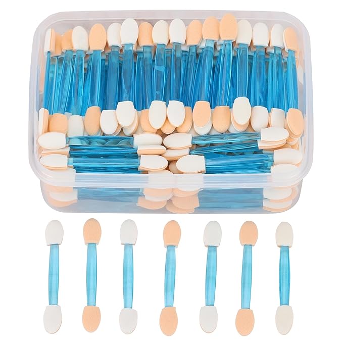 150 Eye Shadow Applicator Disposable Foam Makeup Brush Sponge Tipped Oval Eyeshadow Applicators Dual Sides with Container, Blue