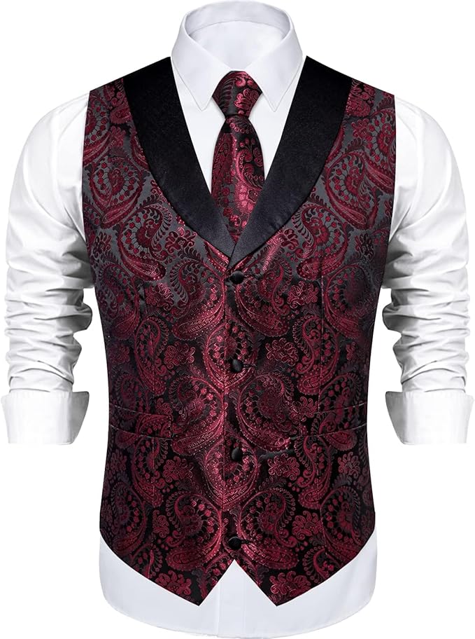DiBanGu Mens Paisley Suit Vest Silk Jacquard Waistcoat and Necktie Set Formal Shawl Collar Dress Vest 7PCS for Wedding Party