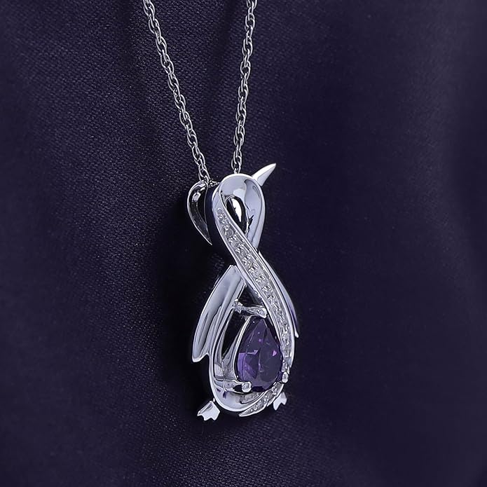 Infinity Penguin Pendant Necklace for Women, 14K Gold Over Sterling Silver with Pear & Round Cut Simulated Birthstone & White Diamond Accents, Dainty Animal Jewelry Gift with 18" Chain