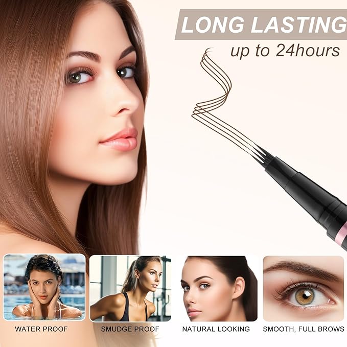 Eyebrow Pencil, 2-in-1 Waterproof Eyebrow Pen with 4 Tip Brow Pen and Ultra-Precise Brow Pencil, with Dual-ended Eyebrow Brush, Eyebrow Makeup for Natural Looking Eyebrows - Soft Brown