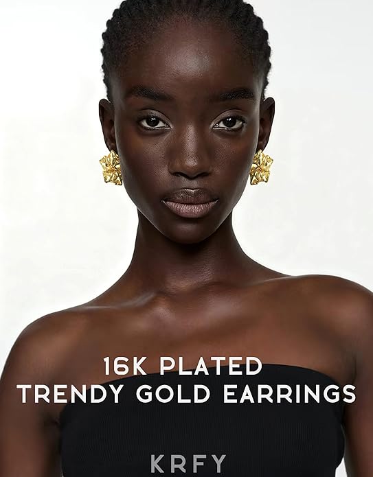 KRFY Statement Earrings 2 Pairs, S925 Sterling Silver Post 16K Plated Chunky Gold Earrings For Women Trendy, Hypoallergenic Big Flower Leaf Stud Earring Set, Silver Color Large Dangle Earrings Jewelry