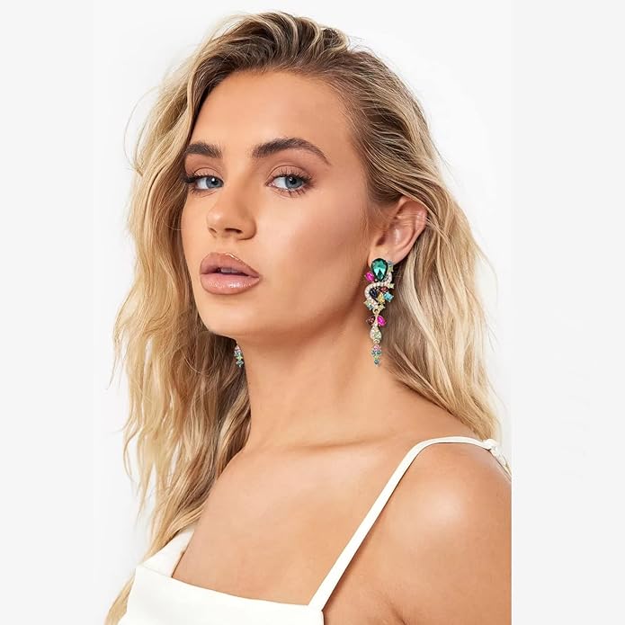 Fashion Rhinestone Statement Drop Dangle Earrings Long Colorful Crystal Bridal Wedding Teardrop Chandelier Earrings for Women Prom Pageant