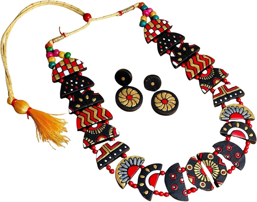 Celestial Creations Handmade Terracotta Necklace and Earrings Set – Boho Tribal Statement Jewelry for Women, Eco-Friendly Festival & Party Wear Gift