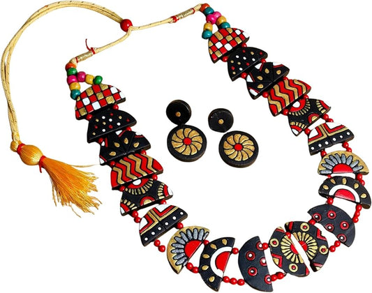 Celestial Creations Handmade Terracotta Necklace and Earrings Set – Boho Tribal Statement Jewelry for Women, Eco-Friendly Festival & Party Wear Gift