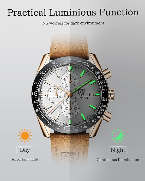 BY BENYAR Watch for Men Analog Quartz Chronograph Waterproof Luminous Designer Mens Wrist Watches Business Work Sport Casual Dress Watch with Silicone Strap Elegant Gifts for Men