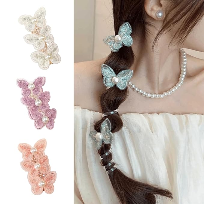 4PC Pearl Butterfly Telephone Wire Hair Ties – Spiral Elastic Bubble Ponytail Hair Bands for Women & Girls, No Damage, Soft & Stretchy Hair Accessories for High Ponytails and Braids (set-G)