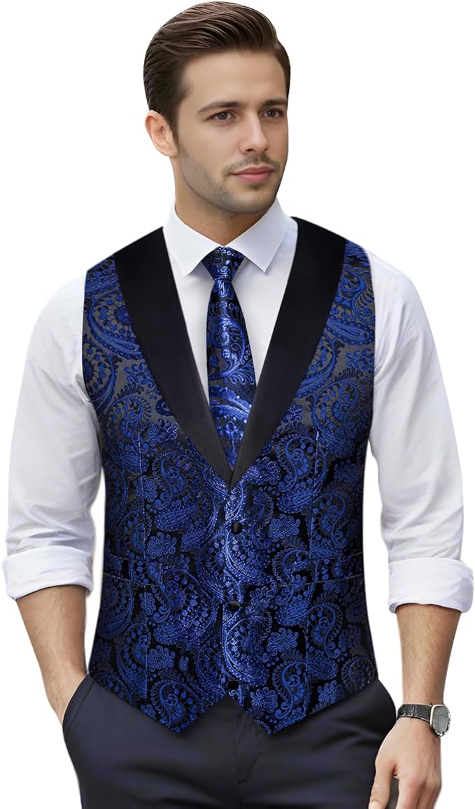 DiBanGu Mens Paisley Suit Vest Silk Jacquard Waistcoat and Necktie Set Formal Shawl Collar Dress Vest 7PCS for Wedding Party