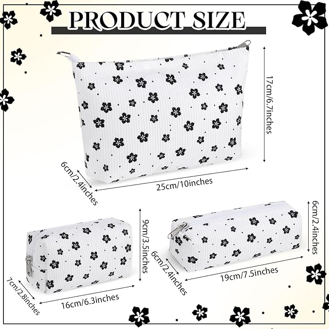 3 Pcs Makeup Bag Set for Women Corduroy Cosmetic Pouch Aesthetic Smile Travel Toiletry Bag Cute Purse Pouch Pencil Case Makeup Brushes Storage Organizer for Christmas (White,Floret)