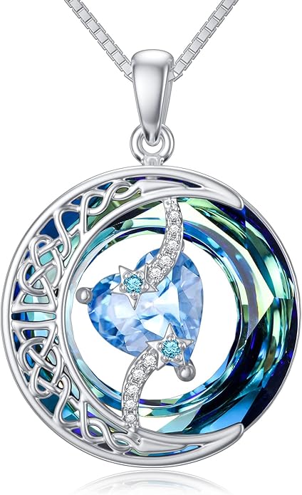 TOUPOP Birthstone Necklace 925 Sterling Silver Moon and Star Pendant with Blue Crystal Celtic Moon Jewelry Birthday Valentines Day Gifts for Women Mom Wife Her