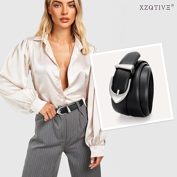 XZQTIVE Women's Leather Belts, Classic Minimalist Design For Jeans Pants Dresses, Black Belt With Gold Buckle