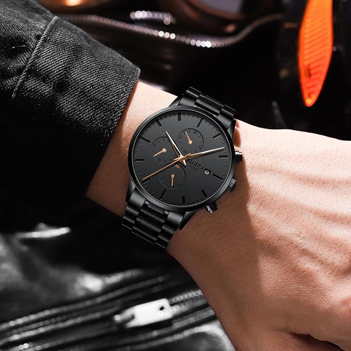 NIBOSI Men's Watches Analog Minimalist Black Dial Watches for Men Business Chronograph Military Casual Wrist Watches Stainless Steel Strap Date