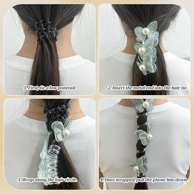 4PC Pearl Butterfly Telephone Wire Hair Ties – Spiral Elastic Bubble Ponytail Hair Bands for Women & Girls, No Damage, Soft & Stretchy Hair Accessories for High Ponytails and Braids (set-G)