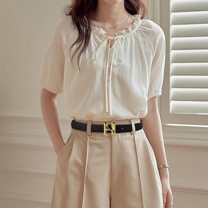 Women's Fashion Classic Metal Buckle Leather Belt with Jeans Dress