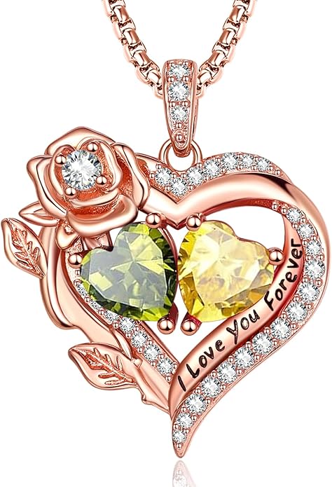 Rose Heart Necklaces for Women, Rose Gold Forever Love Jewelry with 2 Birthstones Pendant, Christmas Anniversarry Birthday Gifts for Her Wife Mom Grandma, 18+2 Inch Chain