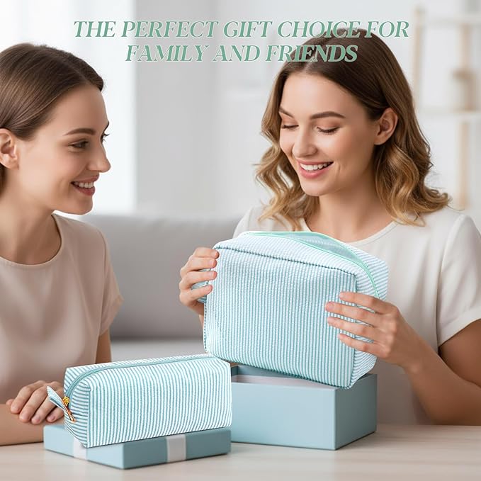 Sanwuta 2 Pcs Makeup Bag Set Seersucker Cosmetic Bag for Women Cute Stripe Travel Toiletry Organizer Aesthetic Preppy Storage Pouch for Girls Wedding Bridesmaid Valentine's Day Gifts(Lake Blue)