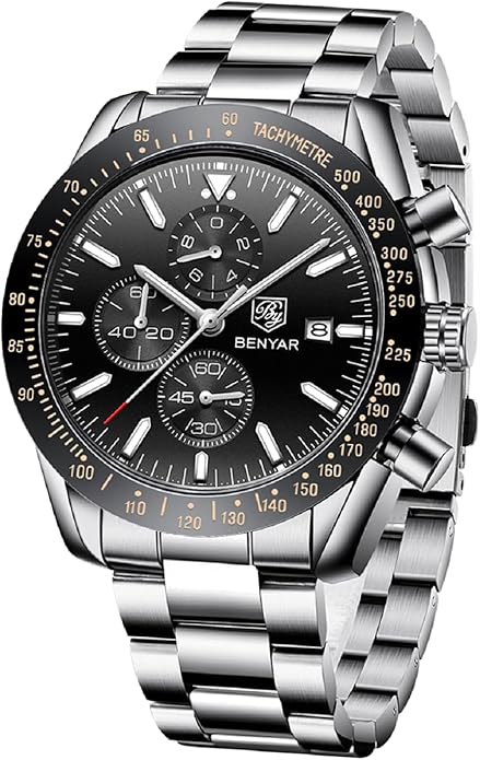 BY BENYAR Watch for Men Analog Quartz Chronograph Waterproof Luminous Designer Mens Wrist Watches Business Work Sport Casual Dress Watch with Silicone Strap Elegant Gifts for Men