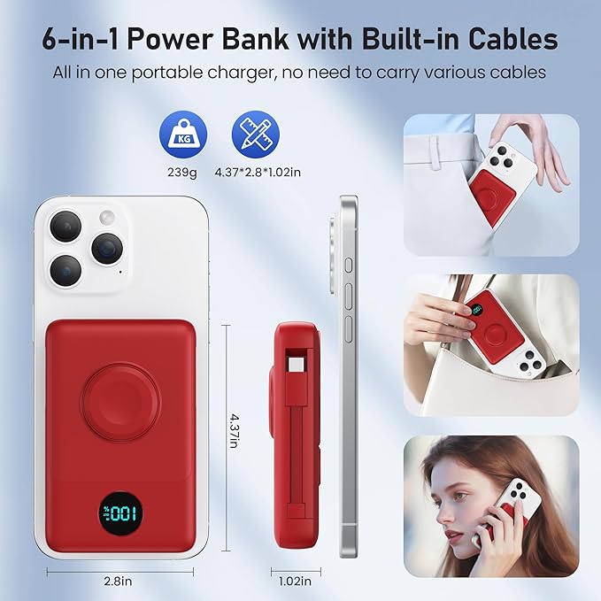 Magnetic Portable Charger for iPhone with Built-in Cables, 6-in-1 10800mAh Power Bank with iWatch Charger & LCD Display,25W Fast Charging Battery Pack for iPhone 17/16/15/14/13/12,Apple Watch (Red)