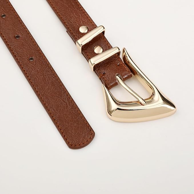 Women's Brown Belt Trend Belt with Gold Buckle Fashion Leather Waist Belt for Jeans Pants