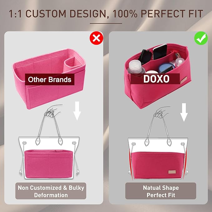Doxo Purse Organizer Insert & Base Shaper 2pc Set, Felt Handbag & Tote Bag Fit L Speedy 35 Nererfull MM More(L-Rose)
